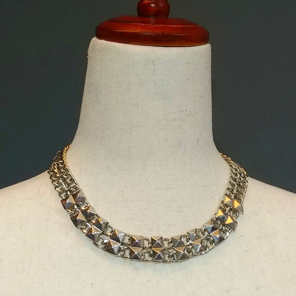 Studded Silver Metal Statement Necklace
